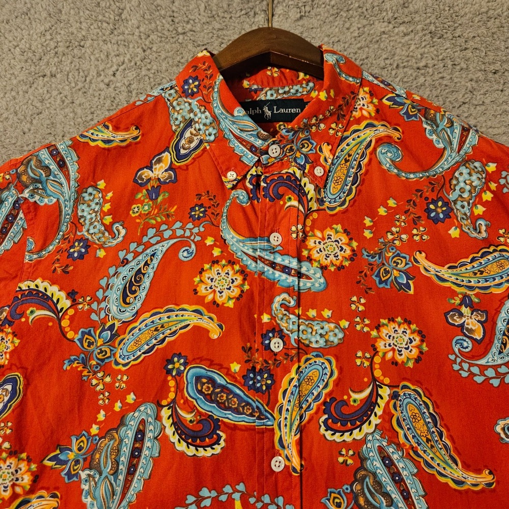 Vintage‎ Ralph Lauren Mens Red Paisley Short Sleeve Button Down Shirt Size Large